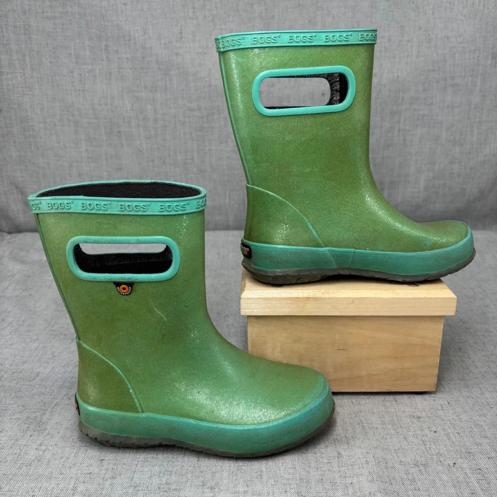 Bogs Skipper Glitter Green‎ Waterproof Rain Boots Pull On Outdoors Kids Size 13